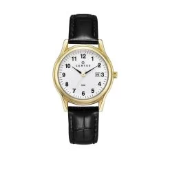 Montre Certus 646500 - Dateur Boîtier Acier Doré Rond Bracelet Cuir Noir Femme