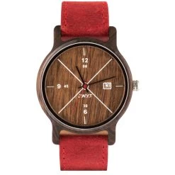 Montre D.W.Y.T DW-00203-1006 - Montre Leman Dateur Bois Cuir Rouge Homme