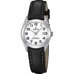 Montre Festina F20447-1 - CLASSIQUE Dateur Boîtier Acier Argenté Bracelet Cuir Noir Cadran Blanc Femme