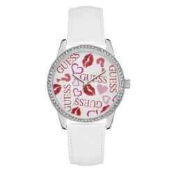 Montre Guess W1206L1 - Montre Acier Boitier Cristaux Bracelet Cuir Blanc Femme