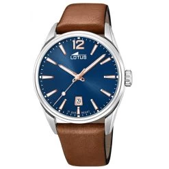 Montre Lotus L18693-2 - Dateur Boîtier Acier Argenté Bracelet Cuir Marron Cadran Bleu Homme